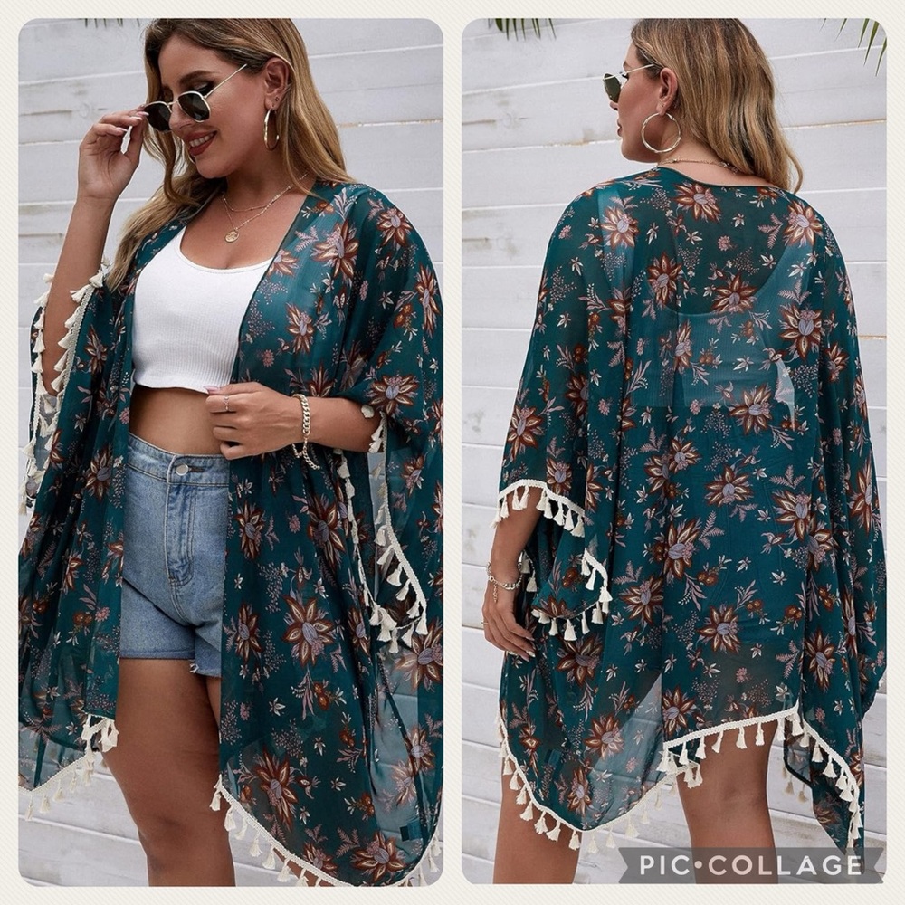 Dark Green Boho Paisley Kimono Top w/ Fringe Hem